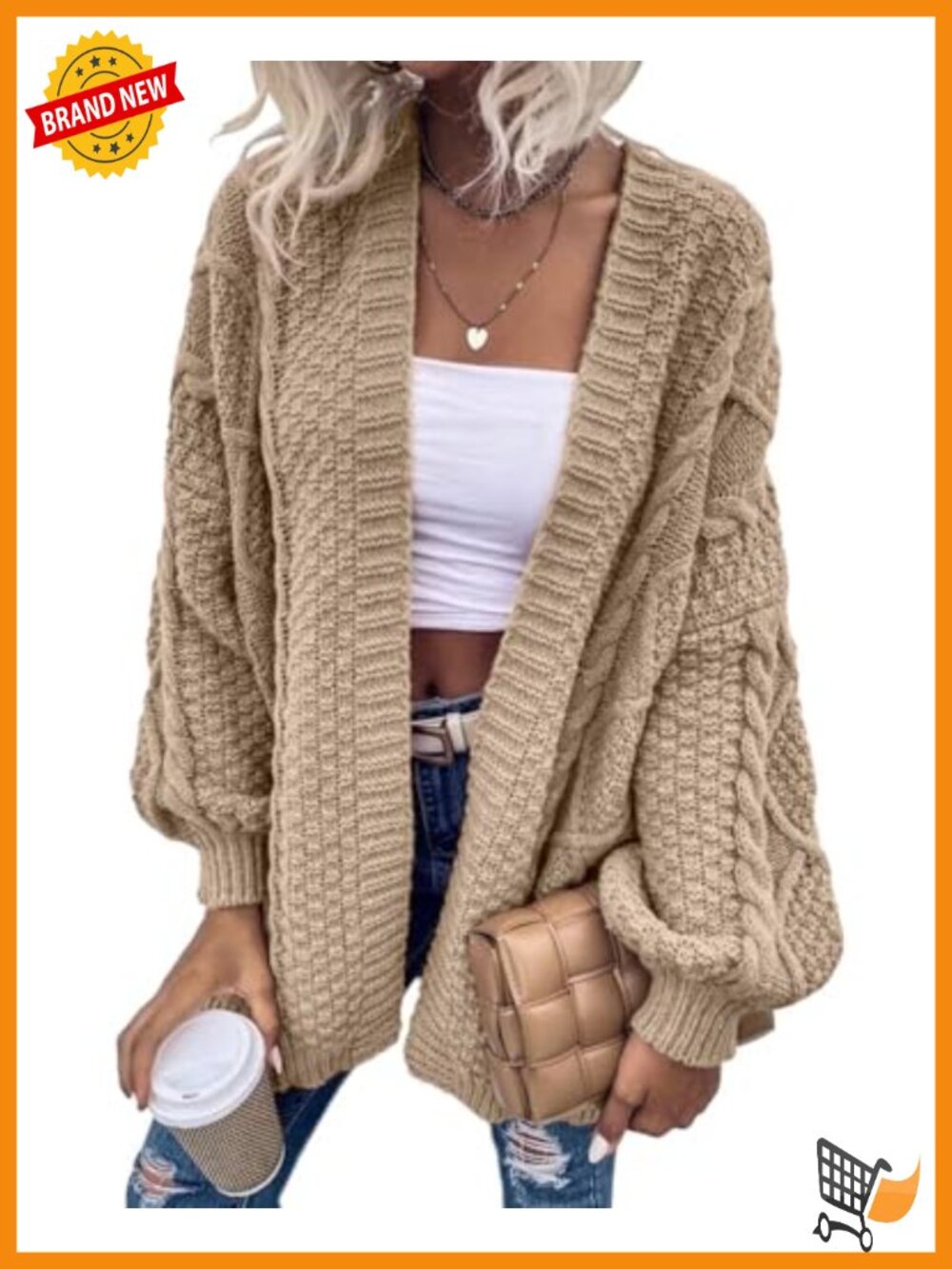 Oversized Chunky Cable Knit Open Front Cardigan Lantern Sleeve Fall Layer